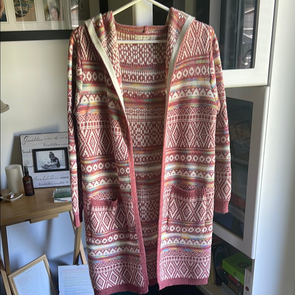 Monteau Pink and Cream Cardigan Cozy Nordic Pattern